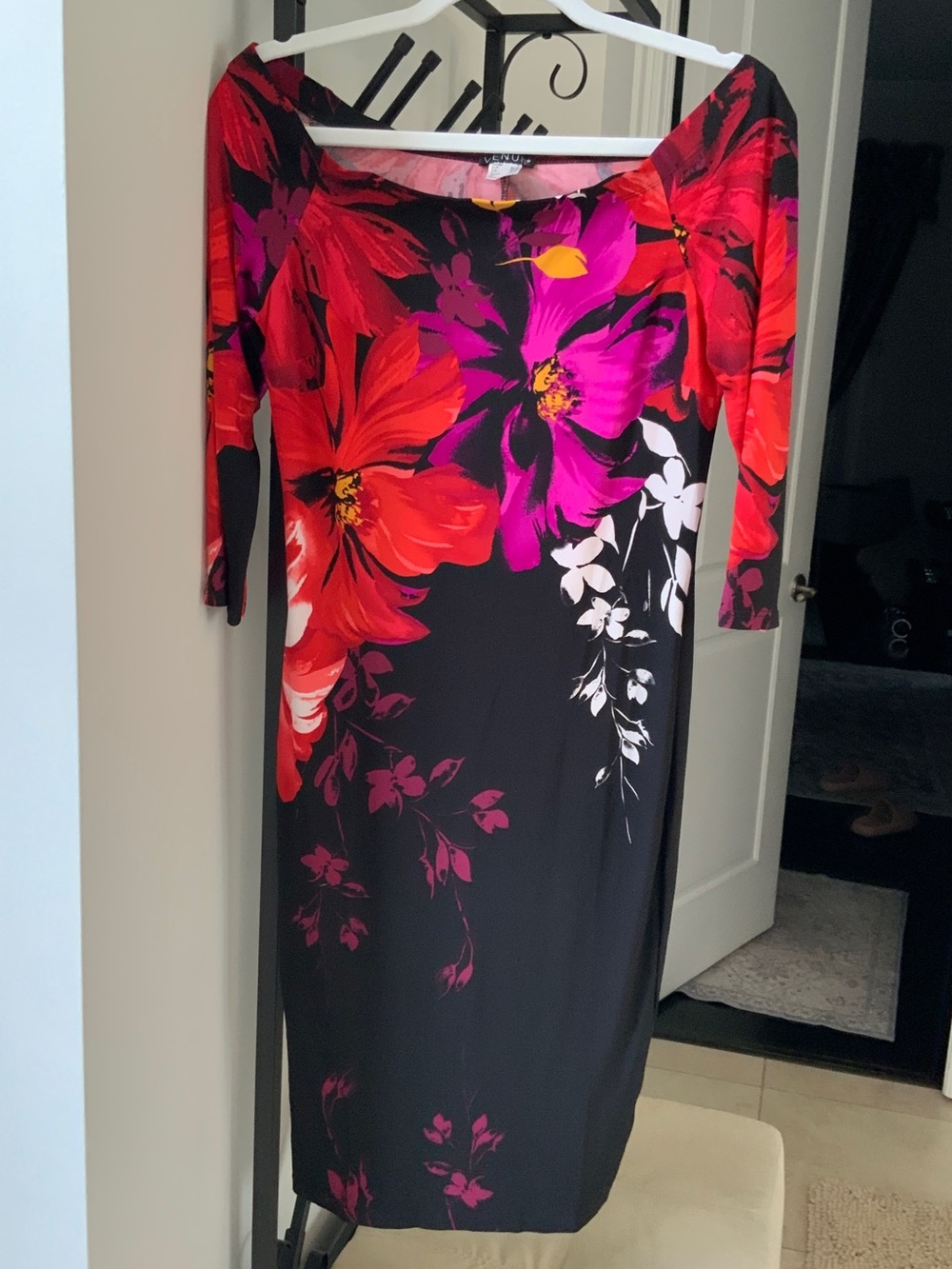 VENUS Black Midi Dress with Red & Purple Floral Print